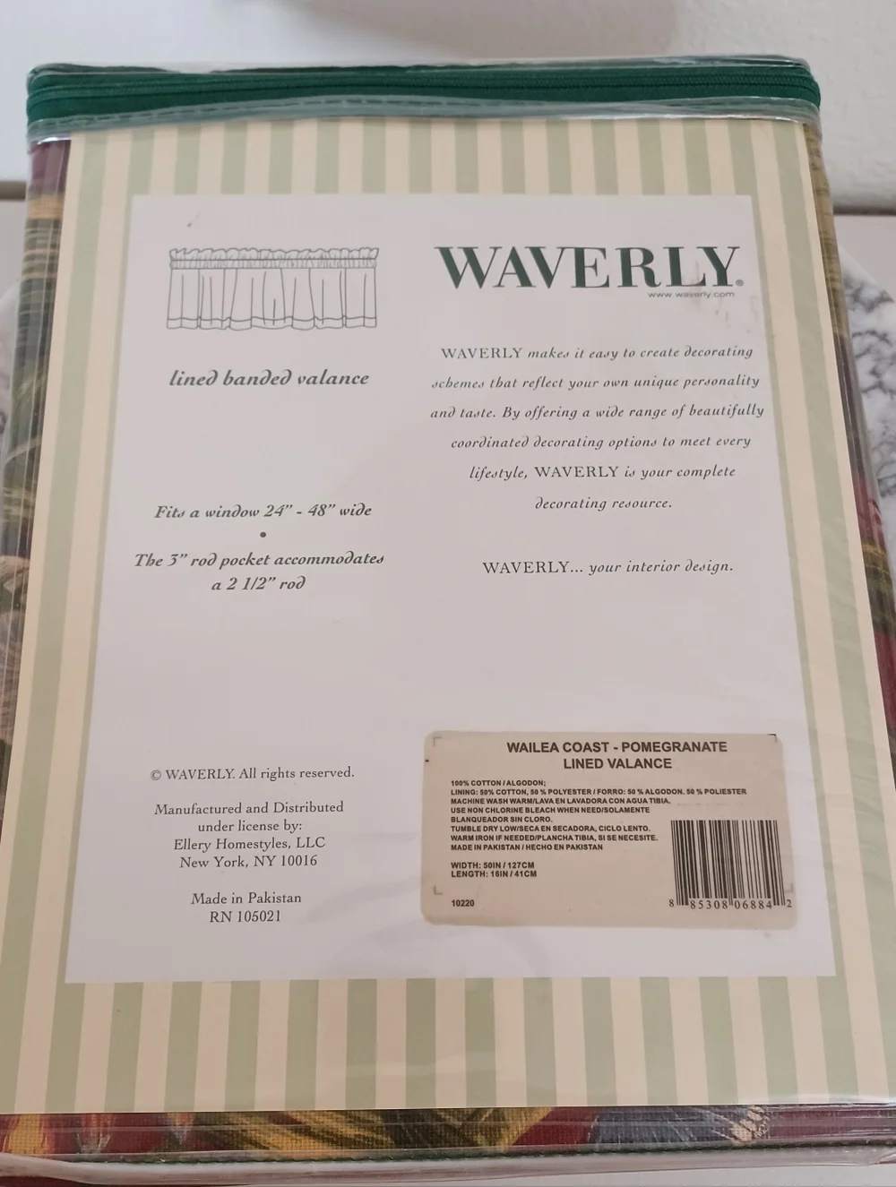 NIP Waverly Wailea Coast Lined Banded Valance - Pomegranate Burgundy 50x16